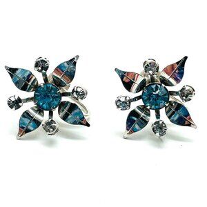 BUGBEE AND NILES Blue Crystal Flower Earrings Screw Back Silver Tone Vintage